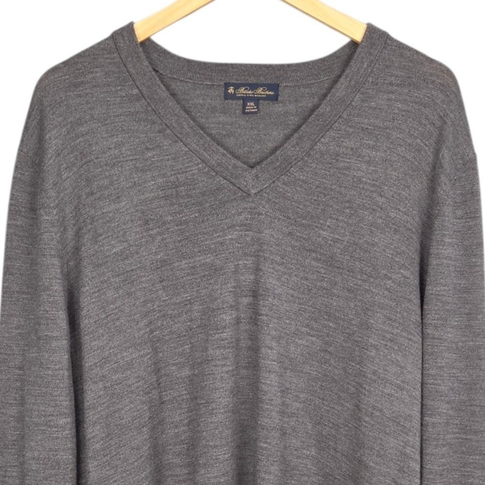 Brooks‎ Brothers V-Neck Sweater Mens XXL Gray Extra Fine Merino Wool Long Sleeve